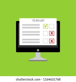 Computer and do to list vector illustration, flat cartoon pc monitor with long paper document and to do list with checkboxes, concept of survey, online quiz, completed things or done test, feedback