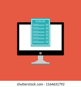 Computer and do to list vector illustration, flat cartoon pc monitor with long paper document and to do list with checkboxes, concept of survey, online quiz, completed things or done test, feedback