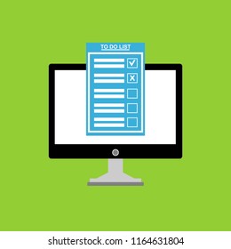 Computer and do to list vector illustration, flat cartoon pc monitor with long paper document and to do list with checkboxes, concept of survey, online quiz, completed things or done test, feedback