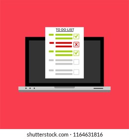 Computer and do to list vector illustration, flat cartoon pc monitor with long paper document and to do list with checkboxes, concept of survey, online quiz, completed things or done test, feedback