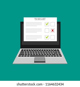 Computer and do to list vector illustration, flat cartoon pc monitor with long paper document and to do list with checkboxes, concept of survey, online quiz, completed things or done test, feedback