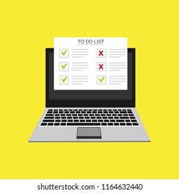 Computer and do to list vector illustration, flat cartoon pc monitor with long paper document and to do list with checkboxes, concept of survey, online quiz, completed things or done test, feedback