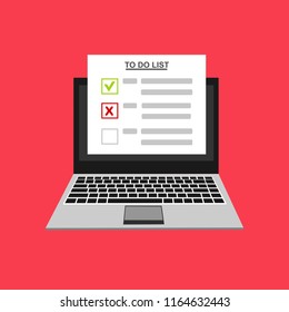Computer and do to list vector illustration, flat cartoon pc monitor with long paper document and to do list with checkboxes, concept of survey, online quiz, completed things or done test, feedback