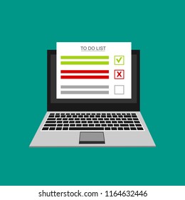 Computer and do to list vector illustration, flat cartoon pc monitor with long paper document and to do list with checkboxes, concept of survey, online quiz, completed things or done test, feedback