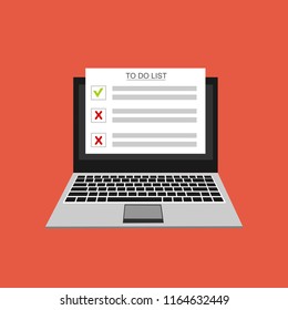 Computer and do to list vector illustration, flat cartoon pc monitor with long paper document and to do list with checkboxes, concept of survey, online quiz, completed things or done test, feedback