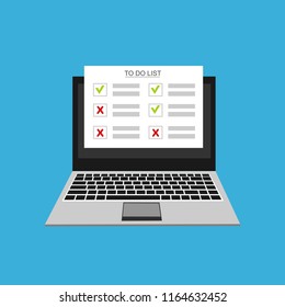 Computer and do to list vector illustration, flat cartoon pc monitor with long paper document and to do list with checkboxes, concept of survey, online quiz, completed things or done test, feedback