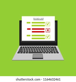 Computer and do to list vector illustration, flat cartoon pc monitor with long paper document and to do list with checkboxes, concept of survey, online quiz, completed things or done test, feedback