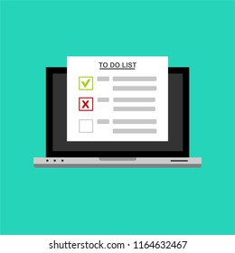 Computer and do to list vector illustration, flat cartoon pc monitor with long paper document and to do list with checkboxes, concept of survey, online quiz, completed things or done test, feedback