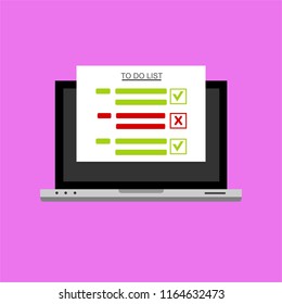Computer and do to list vector illustration, flat cartoon pc monitor with long paper document and to do list with checkboxes, concept of survey, online quiz, completed things or done test, feedback