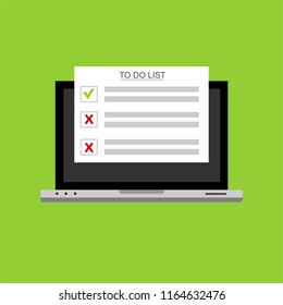 Computer and do to list vector illustration, flat cartoon pc monitor with long paper document and to do list with checkboxes, concept of survey, online quiz, completed things or done test, feedback