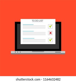 Computer and do to list vector illustration, flat cartoon pc monitor with long paper document and to do list with checkboxes, concept of survey, online quiz, completed things or done test, feedback