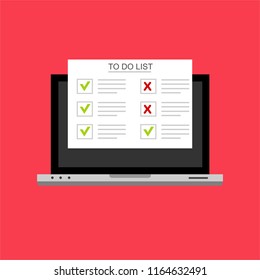 Computer and do to list vector illustration, flat cartoon pc monitor with long paper document and to do list with checkboxes, concept of survey, online quiz, completed things or done test, feedback