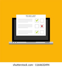 Computer and do to list vector illustration, flat cartoon pc monitor with long paper document and to do list with checkboxes, concept of survey, online quiz, completed things or done test, feedback