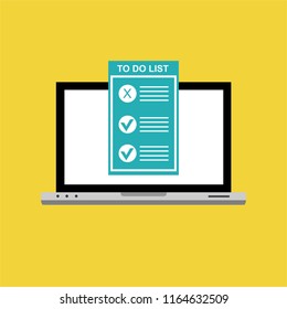 Computer and do to list vector illustration, flat cartoon pc monitor with long paper document and to do list with checkboxes, concept of survey, online quiz, completed things or done test, feedback