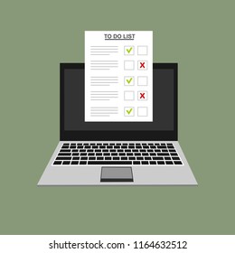 Computer and do to list vector illustration, flat cartoon pc monitor with long paper document and to do list with checkboxes, concept of survey, online quiz, completed things or done test, feedback