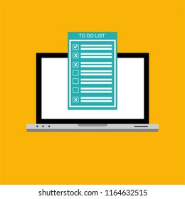 Computer and do to list vector illustration, flat cartoon pc monitor with long paper document and to do list with checkboxes, concept of survey, online quiz, completed things or done test, feedback