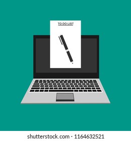 Computer and do to list vector illustration, flat cartoon pc monitor with long paper document and to do list with checkboxes, concept of survey, online quiz, completed things or done test, feedback