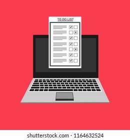 Computer and do to list vector illustration, flat cartoon pc monitor with long paper document and to do list with checkboxes, concept of survey, online quiz, completed things or done test, feedback