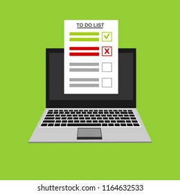 Computer and do to list vector illustration, flat cartoon pc monitor with long paper document and to do list with checkboxes, concept of survey, online quiz, completed things or done test, feedback