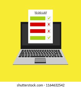 Computer and do to list vector illustration, flat cartoon pc monitor with long paper document and to do list with checkboxes, concept of survey, online quiz, completed things or done test, feedback