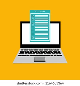 Computer and to do list vector illustration, flat cartoon pc monitor with long paper document and to do list with checkboxes, concept of survey, online quiz, completed things or done test, feedback