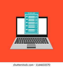 Computer and to do list vector illustration, flat cartoon pc monitor with long paper document and to do list with checkboxes, concept of survey, online quiz, completed things or done test, feedback