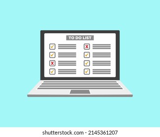 Computer and do to list vector illustration, flat cartoon pc monitor with long paper document and to do list with checkboxes