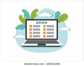 Computer and do to list vector illustration, flat cartoon pc monitor with long paper document and to do list with checkboxes