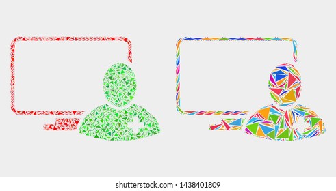 Computer doctor collage icon of triangle elements which have variable sizes and shapes and colors. Geometric abstract vector design concept of computer doctor.