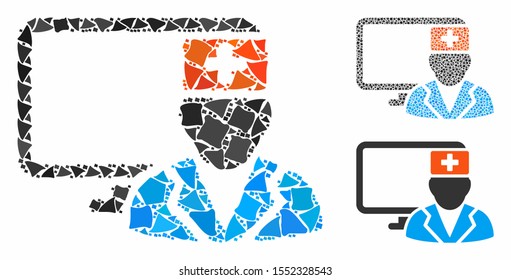 Computer doctor composition of uneven parts in various sizes and color tinges, based on computer doctor icon. Vector humpy elements are organized into collage.