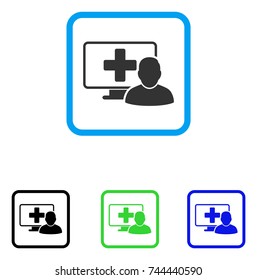 Computer Doctor icon. Flat grey pictogram symbol inside a blue rounded rectangular frame. Black, green, blue color additional versions of Computer Doctor vector.