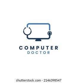 computer doctor logo, computer with stethoscope logo concept modern, computer service logo