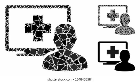 Computer doctor mosaic of humpy parts in different sizes and color tones, based on computer doctor icon. Vector humpy parts are grouped into collage. Computer doctor icons collage with dotted pattern.