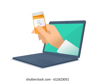 Computer, doctor's hand holding orange pill bottle. Medic through the laptop screen giving the drug, cure to patient. Tele, online, remote medicine concept. Vector flat isolated illustration on white.