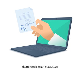 Computer, doctor's hand holding rx. Medic through the laptop screen giving the prescription to patient. Tele, online, remote medicine concept. Vector flat isolated illustration on white background.