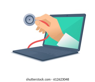 Computer, doctor's hand holding a stethoscope. Medic through the laptop screen checking pulse. Tele, online, remote medicine concept. Vector flat isolated illustration on white background.