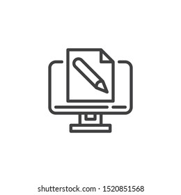 Computer document edit line icon. E-learning linear style sign for mobile concept and web design. Blogging and writing outline vector icon. Symbol, logo illustration. Vector graphics