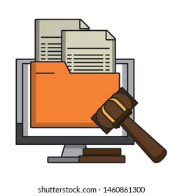 Computer with document and justice gavel symbol vector illustration