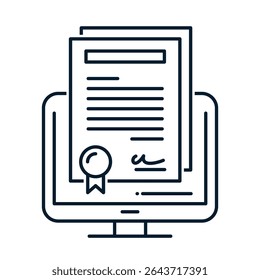 Computer, document with signature. Concept of online diploma, certificate. Vector linear icon isolated on white background.