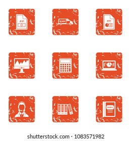 Computer documentation icons set. Grunge set of 9 computer documentation vector icons for web isolated on white background