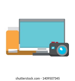 computer with documents folder and cameraicon cartoon isolated vector illustration graphic design