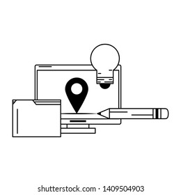 computer with documents folder and light bulb icon cartoon isolated vector illustration graphic design black and white