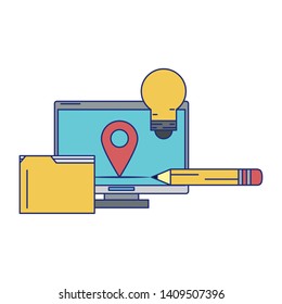 computer with documents folder and light bulb icon cartoon isolated vector illustration graphic design