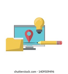 computer with documents folder and light bulb icon cartoon isolated vector illustration graphic design