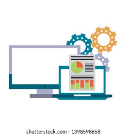 computer with documents and gears
