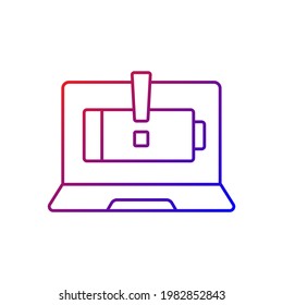 Computer does not charge gradient linear vector icon. Broken notebook battery. Electricity supply issue. Repair service. Thin line color symbol. Modern style pictogram. Vector isolated outline drawing