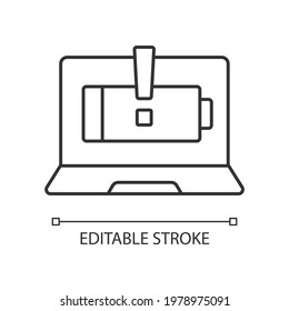 Computer does not charge linear icon. Broken notebook battery. Electricity supply issue. Thin line customizable illustration. Contour symbol. Vector isolated outline drawing. Editable stroke