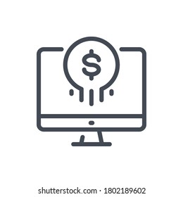 Computadora con icono de línea de moneda en dólares. Signo de esquema de vector de pago y banca en línea.