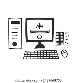 Símbolo de icono de ilustración de garabato de computadora. PC de escritorio dibujado a mano con el altavoz de la unidad del sistema del ratón del teclado del monitor. Equipo de sonido para escuchar audio. Ilustración vectorial de línea