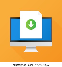 Computer and download file icon. Document downloading concept. Trendy flat design graphic with long shadow.  Vector stock illustration.